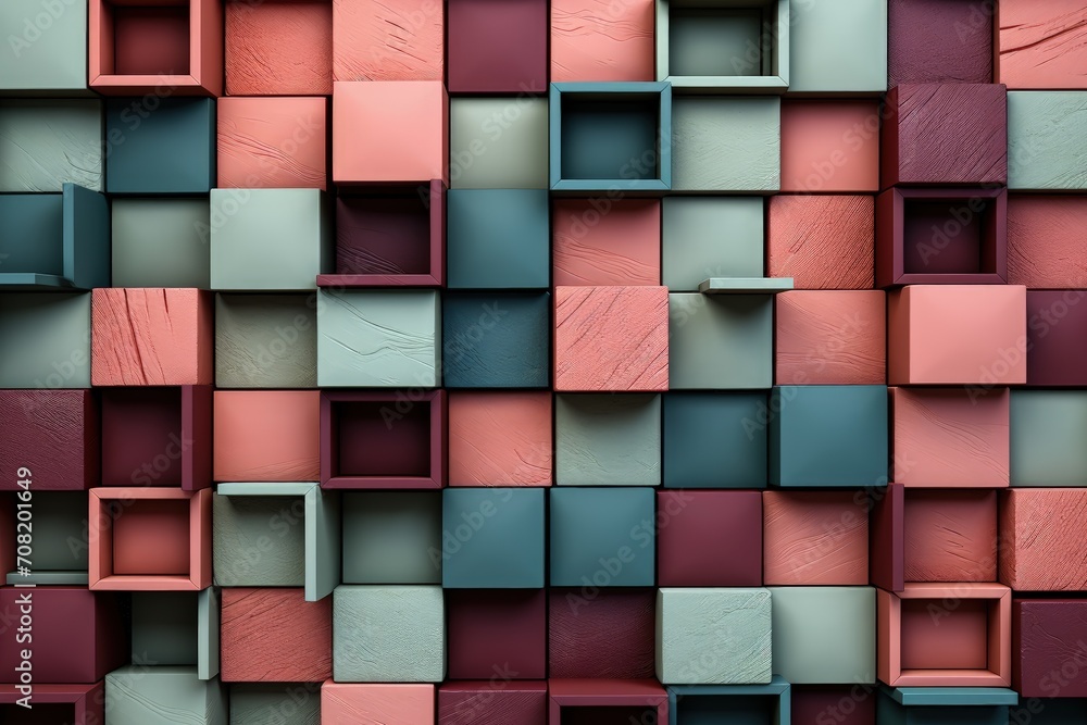 Poster mesmerizing wall constructed from an assortment of differently colored blocks, forming a captivating mosaic of hues and patterns