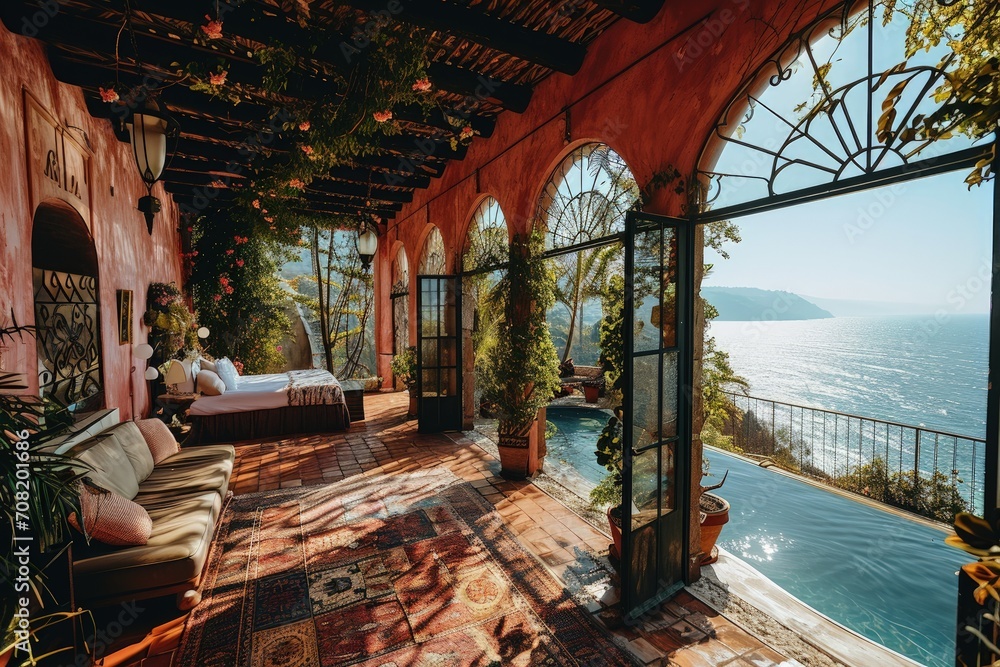 Poster a cozy bedroom with a large window offering a breathtaking view of the vast ocean, creating a peacef