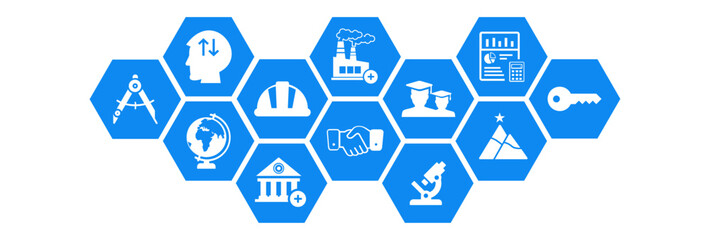 University industry collaboration vector illustration. Blue concept with icons related to partnership / cooperation between academia & business company for research project / program / internship