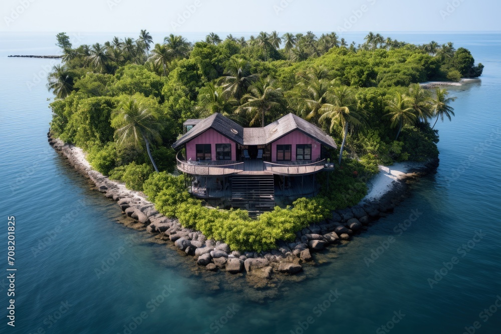 Sticker A picturesque island with a charming house perched on top, surrounded by crystal clear waters and lush greenery, offering a tranquil retreat in nature