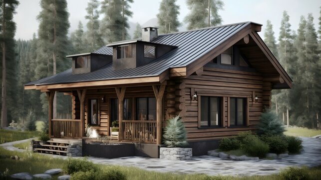 cabin exterior house design, cabin style, house, exterior design photography, daytime, 4k, hyperrealistic