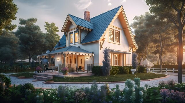 cottage exterior house design, cottage style, house, exterior design photography, golden hour, daytime, 4k, hyperrealistic