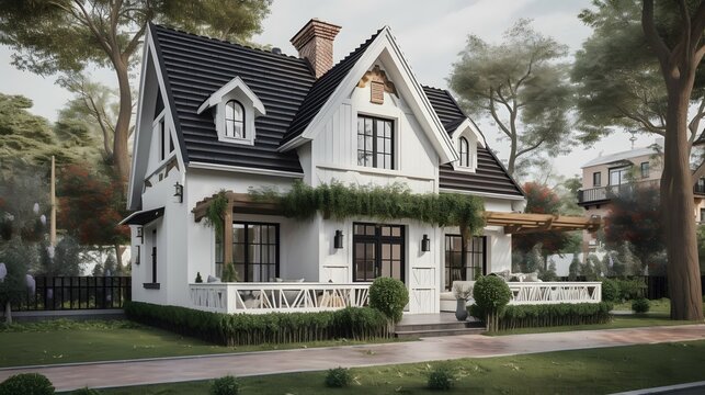 cottage exterior house design, cottage style, house, exterior design photography, daytime, 4k, hyperrealistic