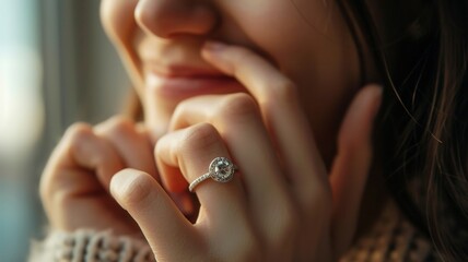 Close-up of a young woman wearing a diamond ring on her left ring finger, a gift from a marriage proposal. Happiness concept suitable for marriage