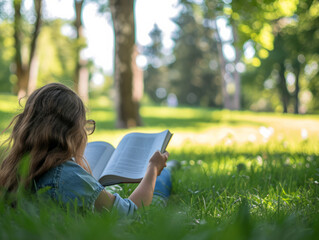 Cute little girl reading a book in the park on a summer day