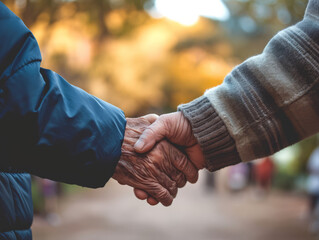 Senior couple holding hands together in the park. Selective focus.