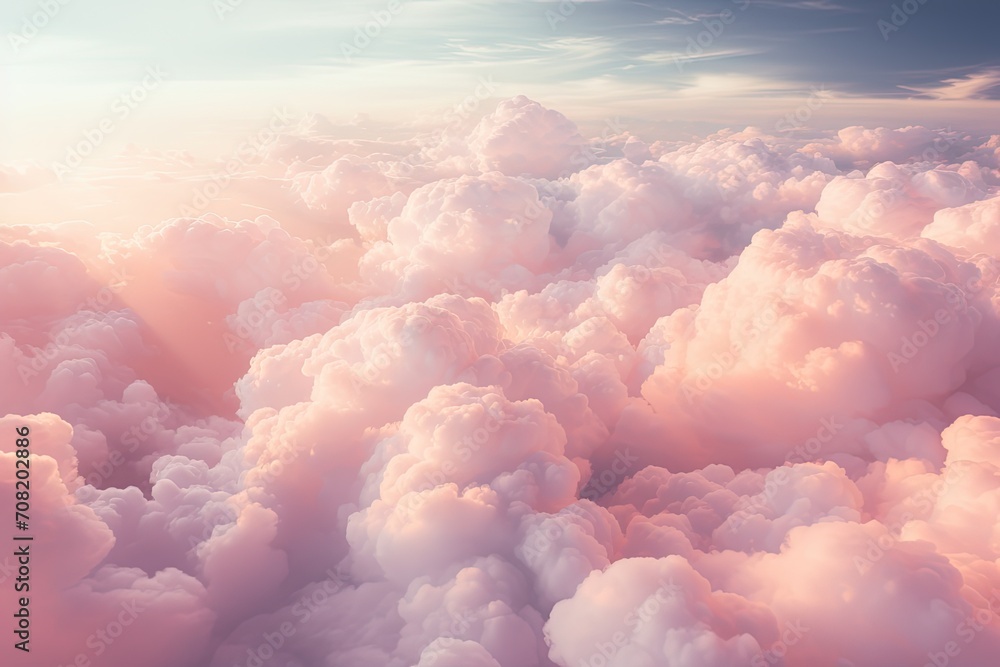 Poster huge structural peach fuzz colored fluffy towering cumulus clouds from an airplane window