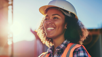 Happy black african american female construction worker, professional portrait of a tradeswoman builder, copy space - Powered by Adobe