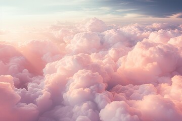 Obraz premium huge structural peach fuzz colored fluffy towering cumulus clouds from an airplane window