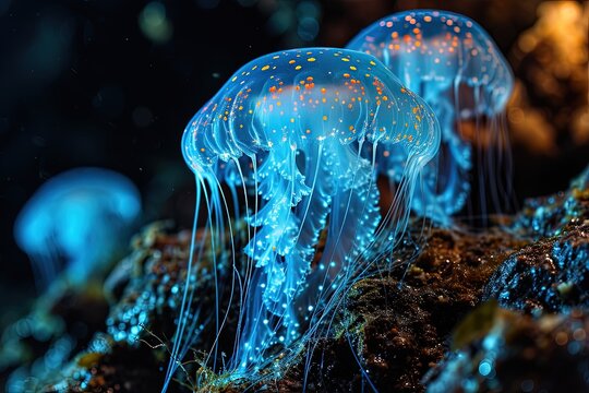 Luminous Blue Jellyfish Gliding over a Coral Reef