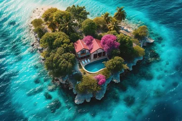 Gordijnen panoramic landscape with green tropical island with pink flowers, small pink house with pool, in blue ocean water, top view © nnattalli