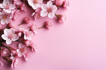A delicate arrangement frame of pink cherry blossoms, copy space