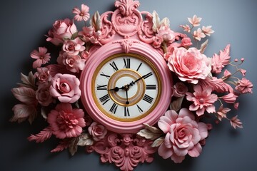 fairly cuckoo clock in pink floral pattern, rococo flowers style for daylight saving time