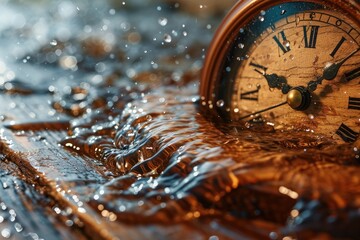 an antique alarm clock amidst a splash of water, symbolizing the concept of time slipping away or daylight saving time