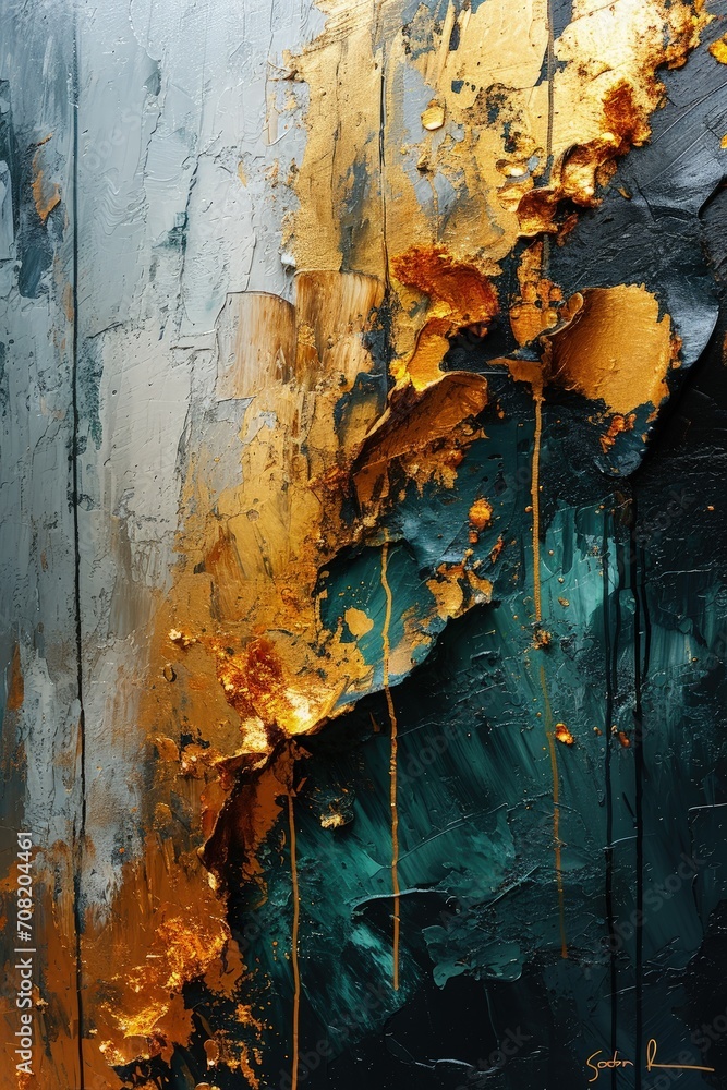 Aufkleber this abstract painting features intricate swirls of gold and blue paint, creating a stunning contras