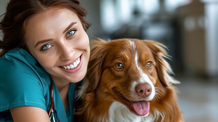 Dedicated vet nurse performing detailed health checkup on joyful dog in modern clinic