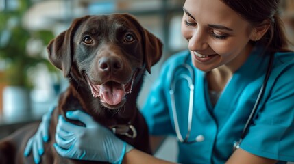 Skilled vet nurse conducting thorough health check on adorable dog at veterinary clinic