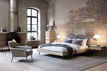 Modern loft-style bedroom interior with bed and pillows against large window and brick wall
