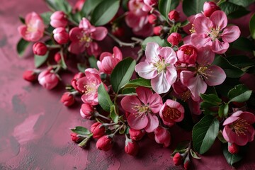pink red apple blossoms laid out on a soft pink background, creating a gentle and harmonious floral composition perfect for spring themes.