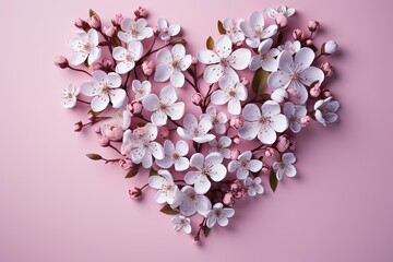 Obraz premium A delicate heart arrangement of pale pink cherry blossoms laid out on a soft pink background, creating a gentle and harmonious floral composition perfect for spring themes.