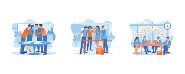 Teamwork meeting concept. High five, business people and group together for teamwork. Businesspeople are gathering in the meeting room. set flat vector illustration.