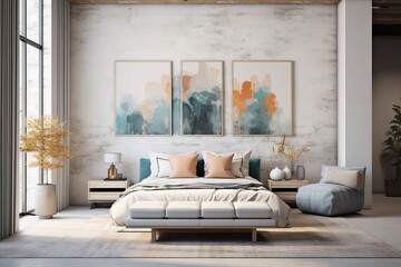 Modern loft bedroom interior with bed, pillows, and paintings on brick wall background