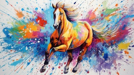 An art print in watercolor featuring a galloping horse, captured in motion with drippy paint splatters, employing a rainbowcore style  - Generative AI