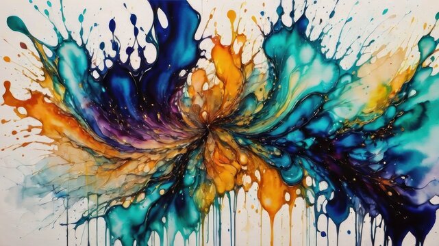 Abstract artwork in alcohol ink technique with splashes of color. Contemporary surrealist painting. Modern poster for wall decoration