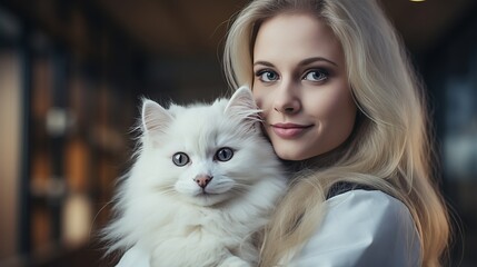 A beautiful female veterinary nurse examining a cute fluffy cat in a veterinary clinic