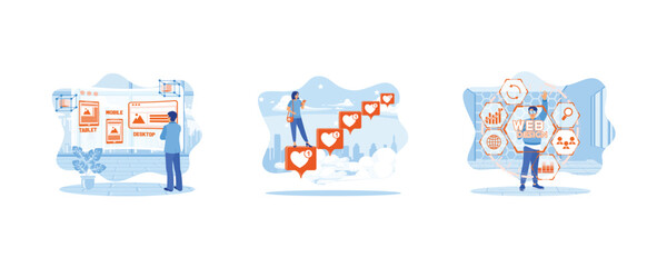 Fototapeta premium Developing websites on electronic devices. Web design. Press the web design button with icons on the screen by hand. set flat vector illustration.