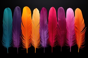 Colorful feathers on black background - obrazy, fototapety, plakaty