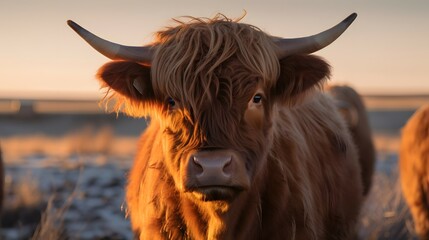 close-up portrait of fluffy cow or highland cattle in beautiful happy and sunny plains field, award winning photography - obrazy, fototapety, plakaty