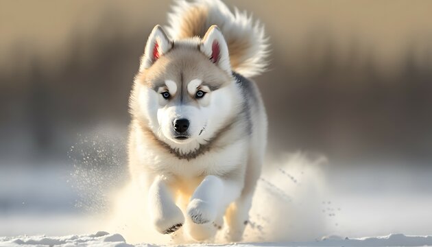 beautiful husky puppy running in winter nature, award winning photography, cute, 8k, 32k
