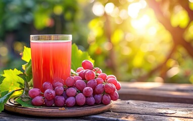 Red grapes and a glass of juice on a wooden table against the background of a garden