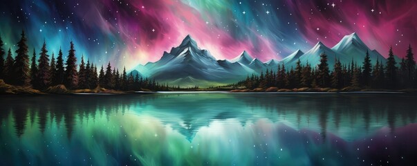 Colorful northern lights over lake and snowy mountains. Fantasy panoramic winter landscape background with Aurora Borealis with starry in the night sky