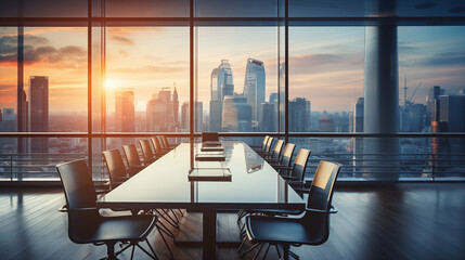 An empty office with a large conference table with large panoramic windows illuminated by the sun at dawn.