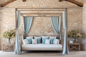 Modern Blue and White Cushioned Sofa in Loft Interior with Brick Wall on Light Background
