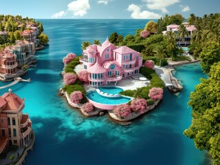 A stunning pink house stands out against the azure ocean backdrop, nestled on a serene island...
