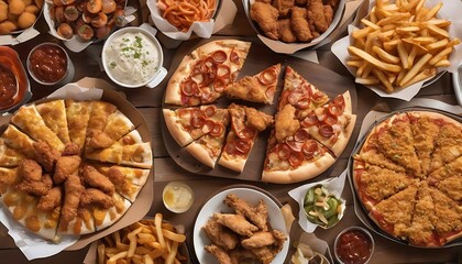 Large table of assorted take out food such as pizza, french fries, onion rings, fried chicken and chicken wings