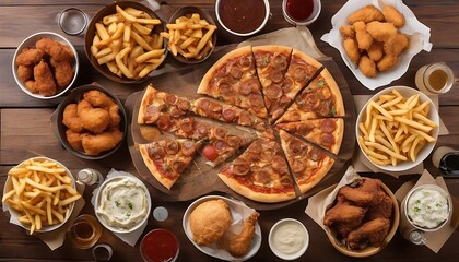 Obraz na płótnie Canvas Large table of assorted take out food such as pizza, french fries, onion rings, fried chicken and chicken wings