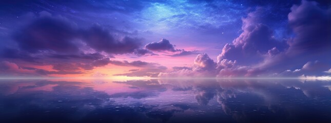 Dramatic sky background with dark rainy clouds at sunset. Purple fluffy clouds over lake water with reflections. Fantasy panoramic landscape background  - obrazy, fototapety, plakaty