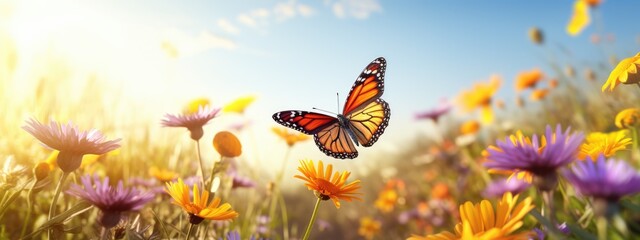 Obraz na płótnie Canvas Fluttering beautiful butterfly and spring wildflowers on the field in sunlight. Floral summer concept for background, banner or greeting card with copy space 