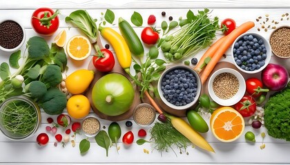Spring healthy vegan food cooking ingredients. Flat-lay of vegetables, fruit, seeds, sprouts, flowers, greens over white wooden background, top view. Clean eating, diet food concept