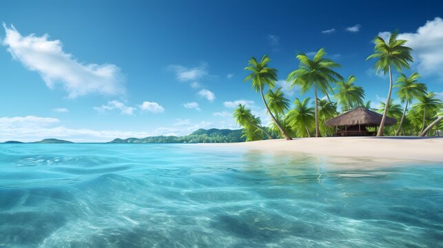 Beach with palm trees and crystal clear water. Idyllic tropical island in summer.
