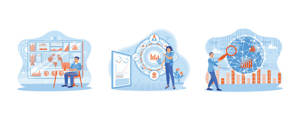 Big Data Technology for Business Finance Analysis. businesswoman hand presses the business icon button on the virtual screen. Analyze office financial charts on the net. 