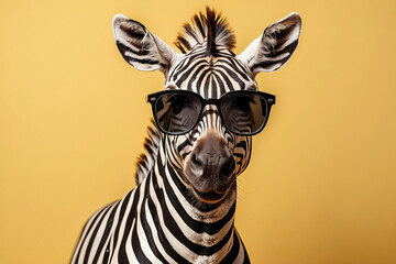 zebra wearing sunglasses on yellow background - obrazy, fototapety, plakaty