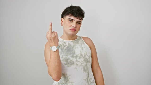 Rude show-off, young man with attitude, wearing sleeveless t-shirt, boldly standing and displaying an impolite fuck-you expression, flipping off. isolated white background.