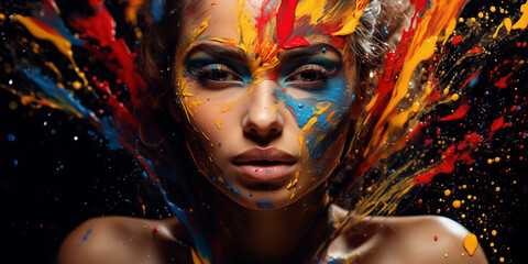 close woman face with pains in blue yellow and red colors paint splash around her