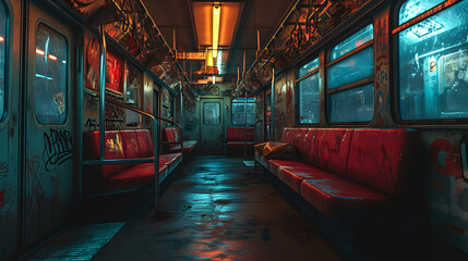 train carriage at night with graffiti