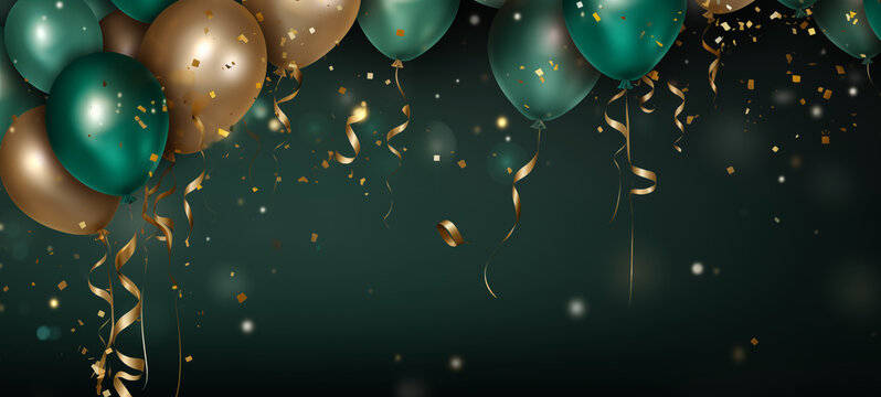 Green and gold ballons with confetti to festive feeling with place for text for post and banner background